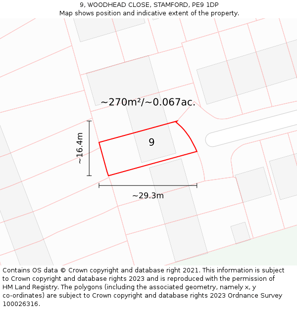 9, WOODHEAD CLOSE, STAMFORD, PE9 1DP: Plot and title map