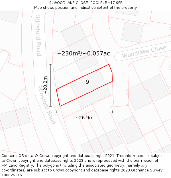 9, WOODLAKE CLOSE, POOLE, BH17 9FE: Plot and title map