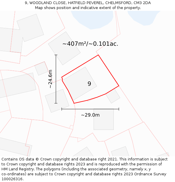 9, WOODLAND CLOSE, HATFIELD PEVEREL, CHELMSFORD, CM3 2DA: Plot and title map