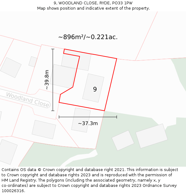 9, WOODLAND CLOSE, RYDE, PO33 1PW: Plot and title map