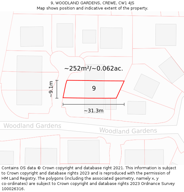 9, WOODLAND GARDENS, CREWE, CW1 4JS: Plot and title map