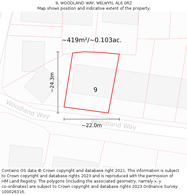 9, WOODLAND WAY, WELWYN, AL6 0RZ: Plot and title map