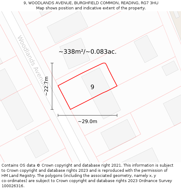 9, WOODLANDS AVENUE, BURGHFIELD COMMON, READING, RG7 3HU: Plot and title map