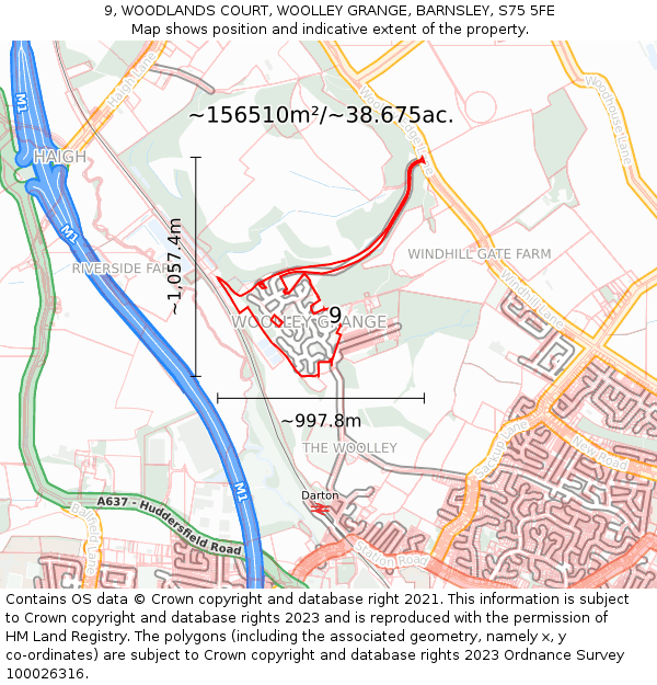 9, WOODLANDS COURT, WOOLLEY GRANGE, BARNSLEY, S75 5FE: Plot and title map