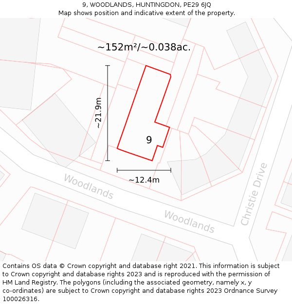 9, WOODLANDS, HUNTINGDON, PE29 6JQ: Plot and title map