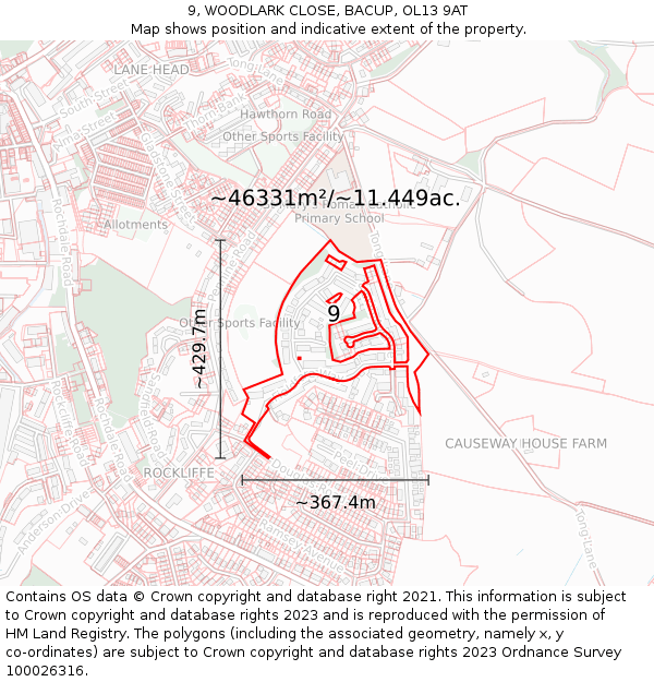 9, WOODLARK CLOSE, BACUP, OL13 9AT: Plot and title map