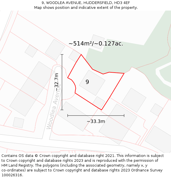 9, WOODLEA AVENUE, HUDDERSFIELD, HD3 4EF: Plot and title map