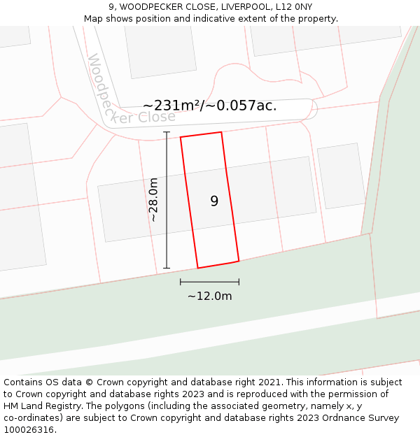 9, WOODPECKER CLOSE, LIVERPOOL, L12 0NY: Plot and title map