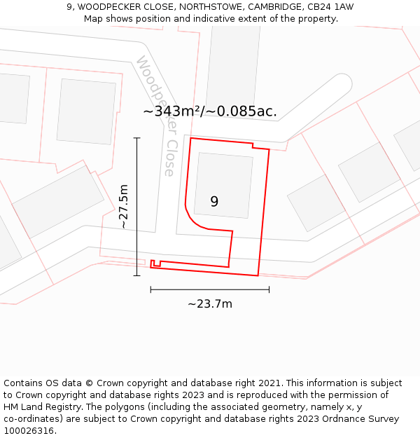 9, WOODPECKER CLOSE, NORTHSTOWE, CAMBRIDGE, CB24 1AW: Plot and title map