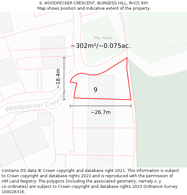 9, WOODPECKER CRESCENT, BURGESS HILL, RH15 9XY: Plot and title map