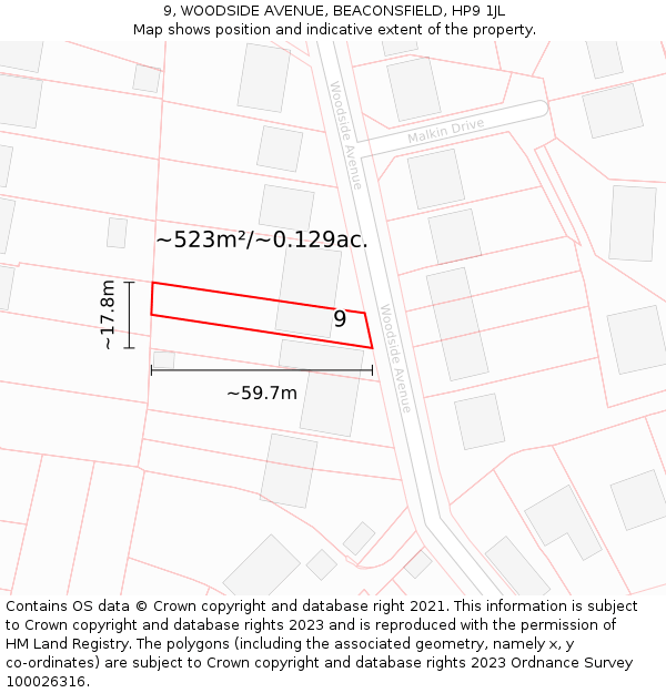 9, WOODSIDE AVENUE, BEACONSFIELD, HP9 1JL: Plot and title map