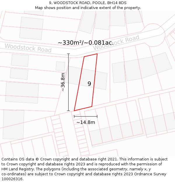 9, WOODSTOCK ROAD, POOLE, BH14 8DS: Plot and title map