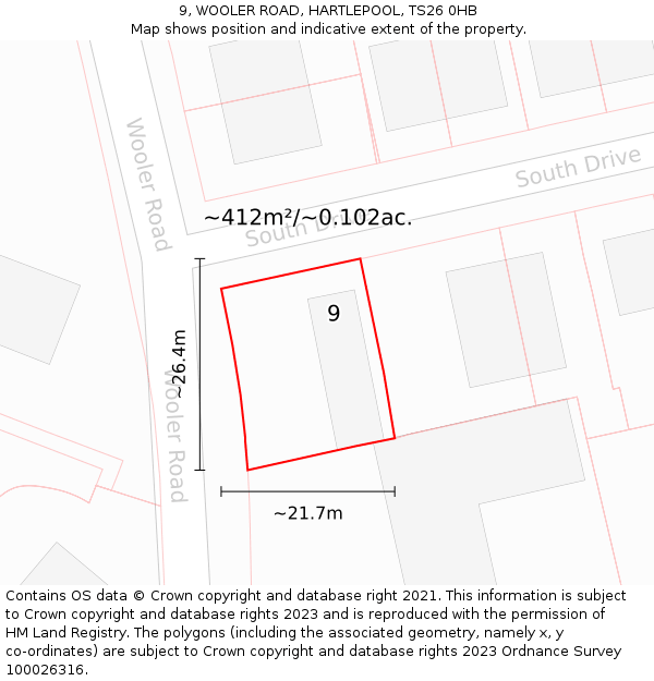 9, WOOLER ROAD, HARTLEPOOL, TS26 0HB: Plot and title map