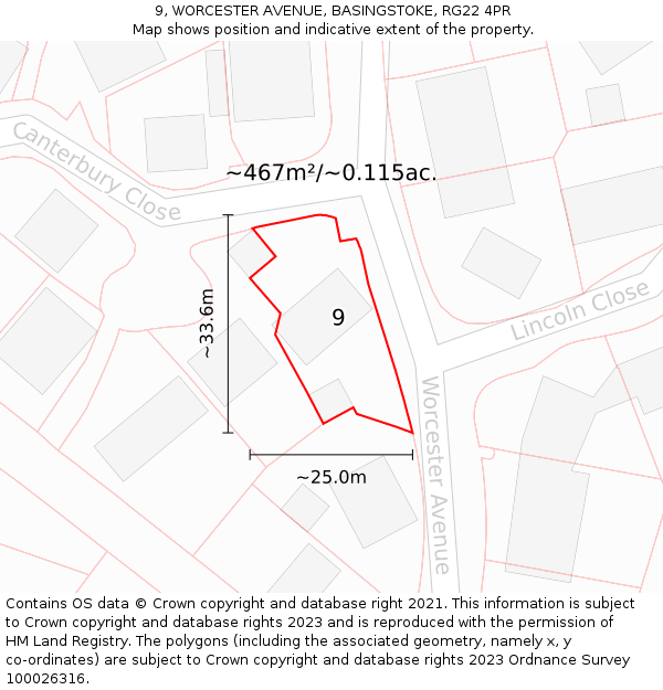 9, WORCESTER AVENUE, BASINGSTOKE, RG22 4PR: Plot and title map