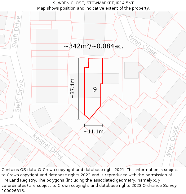 9, WREN CLOSE, STOWMARKET, IP14 5NT: Plot and title map