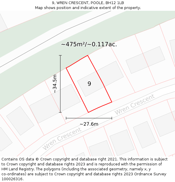 9, WREN CRESCENT, POOLE, BH12 1LB: Plot and title map