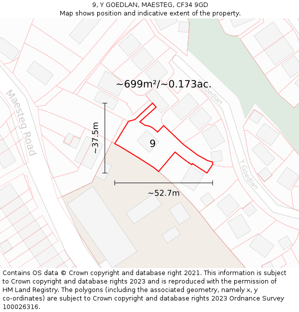 9, Y GOEDLAN, MAESTEG, CF34 9GD: Plot and title map