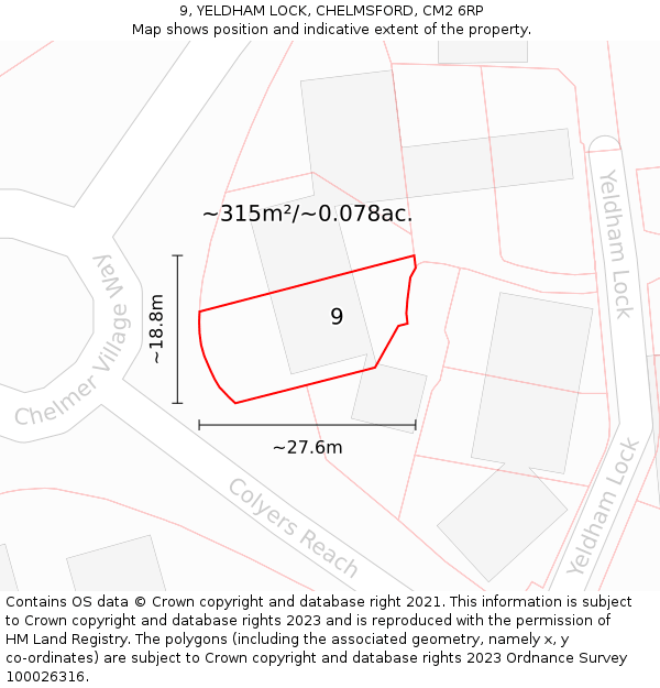 9, YELDHAM LOCK, CHELMSFORD, CM2 6RP: Plot and title map