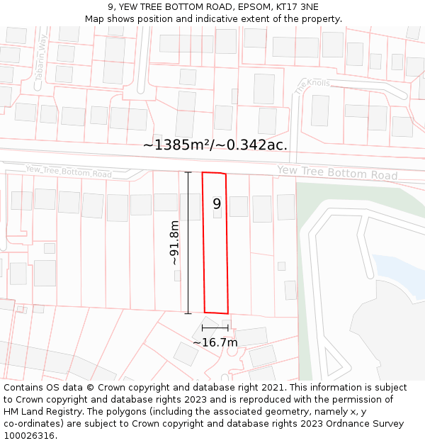 9, YEW TREE BOTTOM ROAD, EPSOM, KT17 3NE: Plot and title map