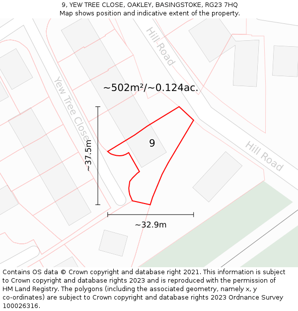 9, YEW TREE CLOSE, OAKLEY, BASINGSTOKE, RG23 7HQ: Plot and title map