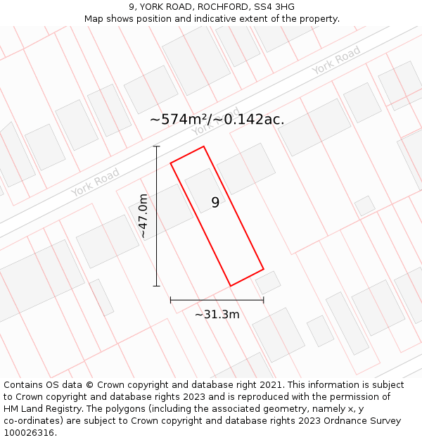 9, YORK ROAD, ROCHFORD, SS4 3HG: Plot and title map