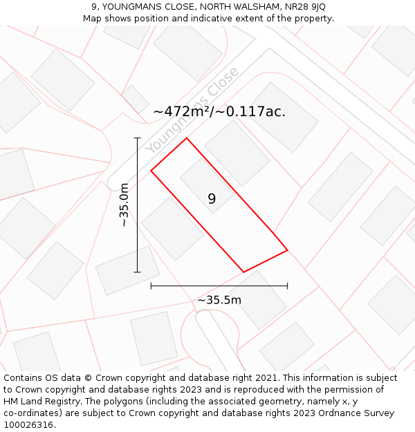 9, YOUNGMANS CLOSE, NORTH WALSHAM, NR28 9JQ: Plot and title map