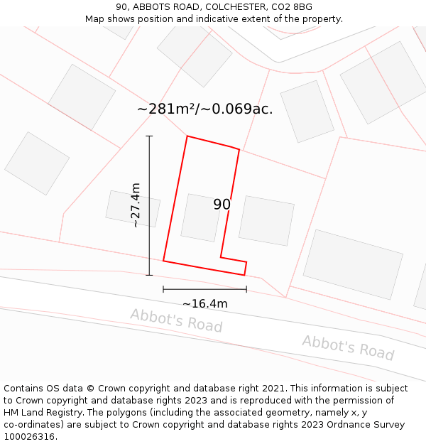 90, ABBOTS ROAD, COLCHESTER, CO2 8BG: Plot and title map