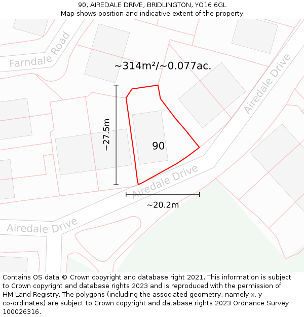 90, AIREDALE DRIVE, BRIDLINGTON, YO16 6GL: Plot and title map