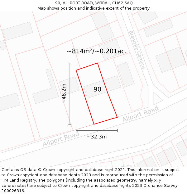 90, ALLPORT ROAD, WIRRAL, CH62 6AQ: Plot and title map