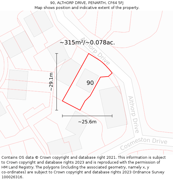 90, ALTHORP DRIVE, PENARTH, CF64 5FJ: Plot and title map