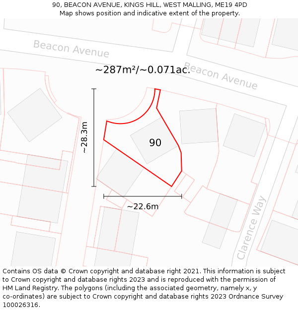 90, BEACON AVENUE, KINGS HILL, WEST MALLING, ME19 4PD: Plot and title map