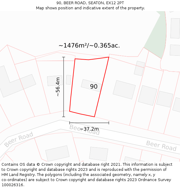 90, BEER ROAD, SEATON, EX12 2PT: Plot and title map