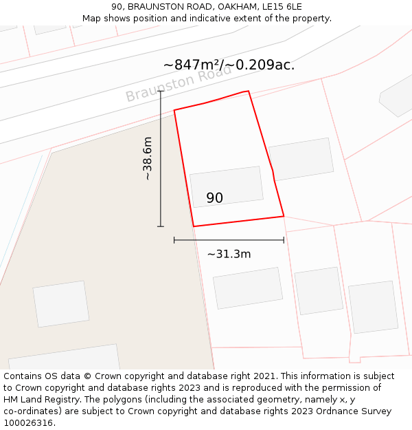 90, BRAUNSTON ROAD, OAKHAM, LE15 6LE: Plot and title map