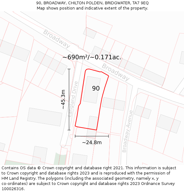 90, BROADWAY, CHILTON POLDEN, BRIDGWATER, TA7 9EQ: Plot and title map