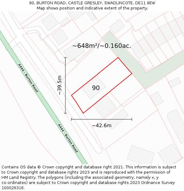 90, BURTON ROAD, CASTLE GRESLEY, SWADLINCOTE, DE11 9EW: Plot and title map