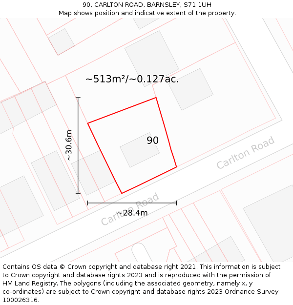 90, CARLTON ROAD, BARNSLEY, S71 1UH: Plot and title map