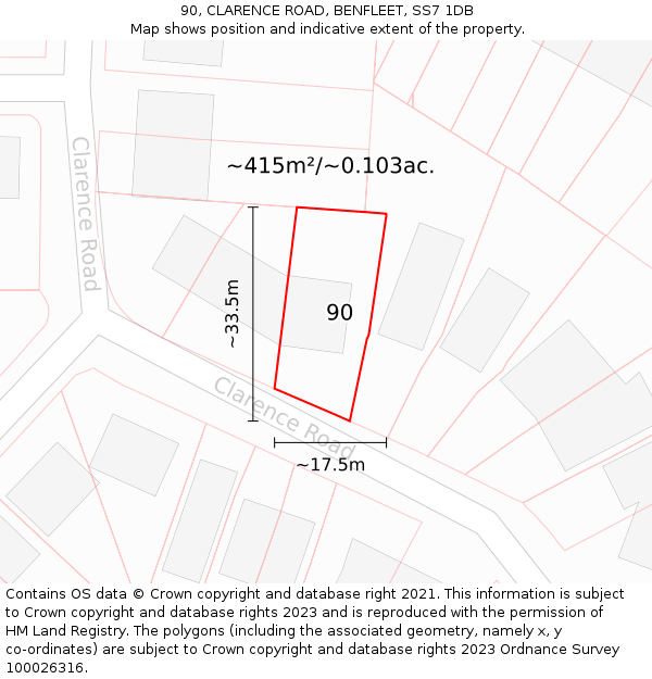 90, CLARENCE ROAD, BENFLEET, SS7 1DB: Plot and title map