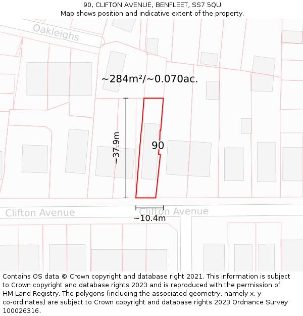 90, CLIFTON AVENUE, BENFLEET, SS7 5QU: Plot and title map