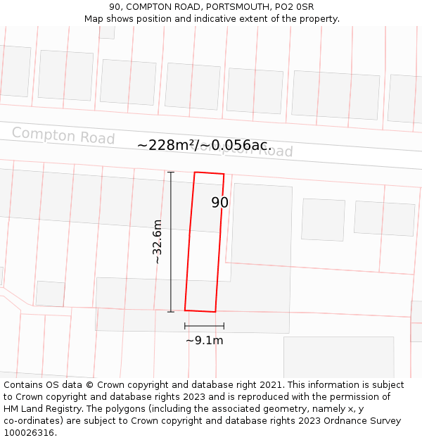 90, COMPTON ROAD, PORTSMOUTH, PO2 0SR: Plot and title map