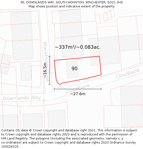 90, DOWNLANDS WAY, SOUTH WONSTON, WINCHESTER, SO21 3HS: Plot and title map