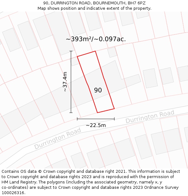 90, DURRINGTON ROAD, BOURNEMOUTH, BH7 6PZ: Plot and title map