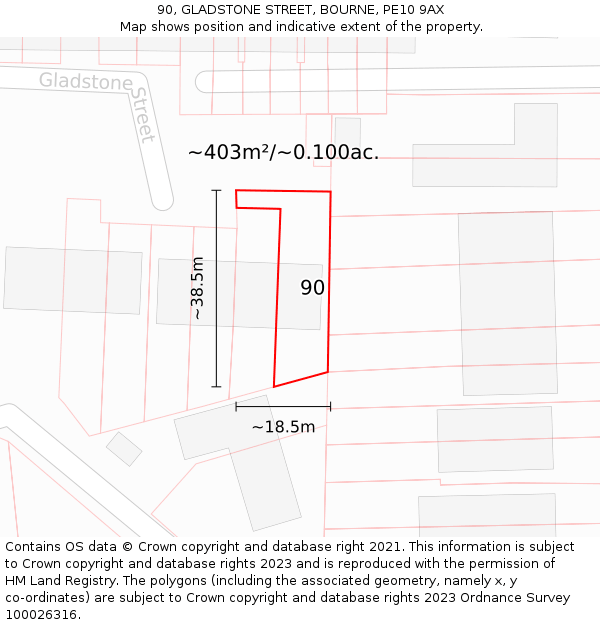 90, GLADSTONE STREET, BOURNE, PE10 9AX: Plot and title map