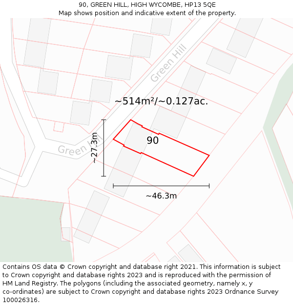 90, GREEN HILL, HIGH WYCOMBE, HP13 5QE: Plot and title map