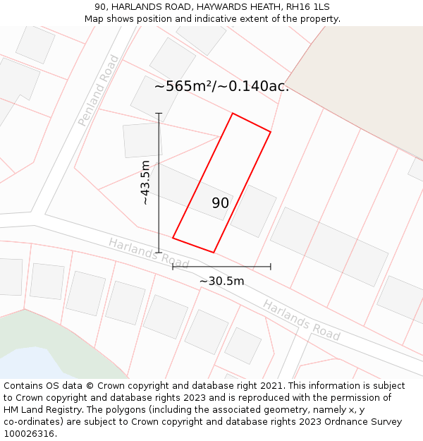 90, HARLANDS ROAD, HAYWARDS HEATH, RH16 1LS: Plot and title map