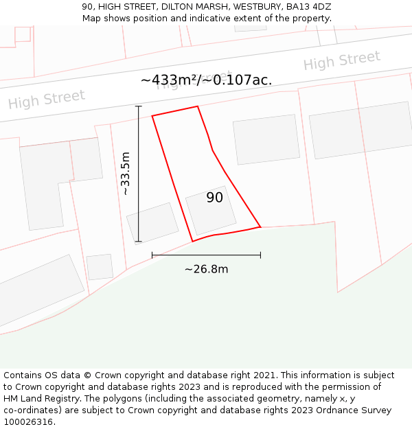 90, HIGH STREET, DILTON MARSH, WESTBURY, BA13 4DZ: Plot and title map