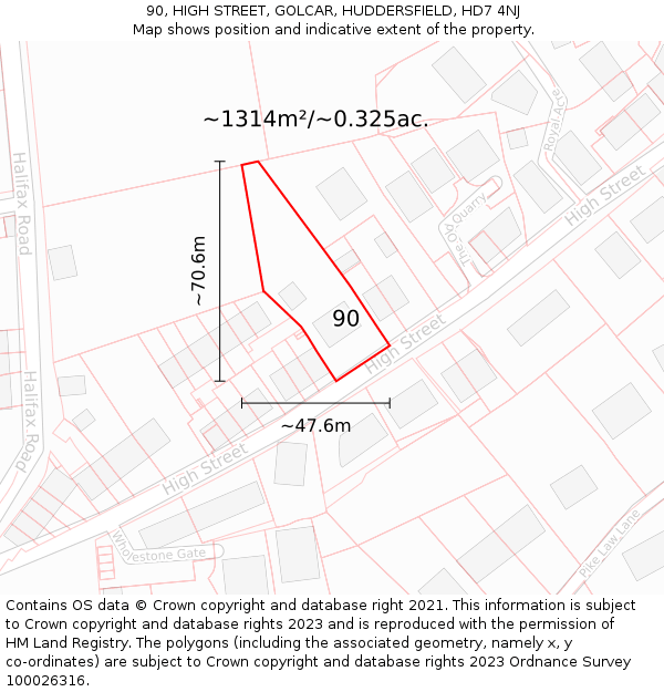 90, HIGH STREET, GOLCAR, HUDDERSFIELD, HD7 4NJ: Plot and title map