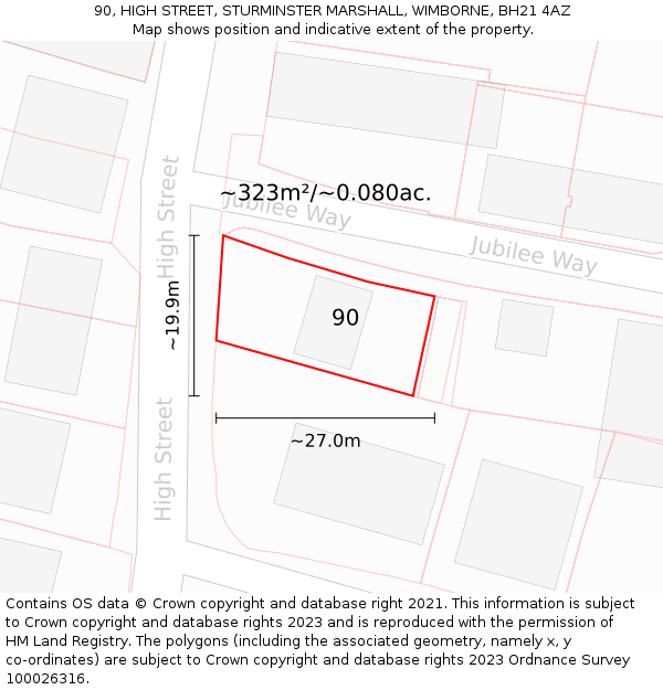 90, HIGH STREET, STURMINSTER MARSHALL, WIMBORNE, BH21 4AZ: Plot and title map