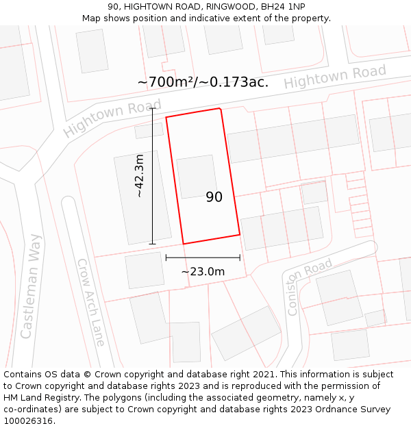 90, HIGHTOWN ROAD, RINGWOOD, BH24 1NP: Plot and title map