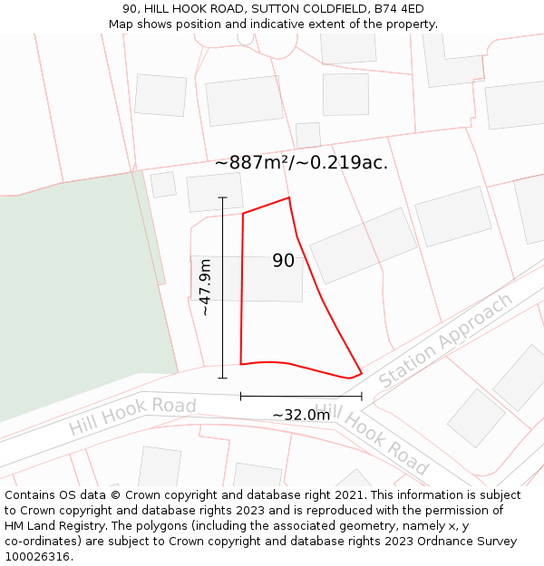 90, HILL HOOK ROAD, SUTTON COLDFIELD, B74 4ED: Plot and title map