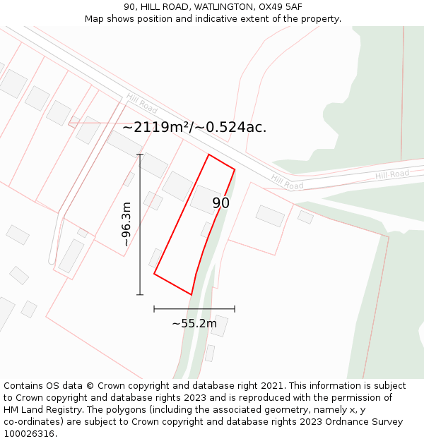 90, HILL ROAD, WATLINGTON, OX49 5AF: Plot and title map